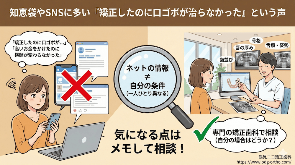 知恵袋やSNSに多い「矯正したのに口ゴボが治らなかった」という声