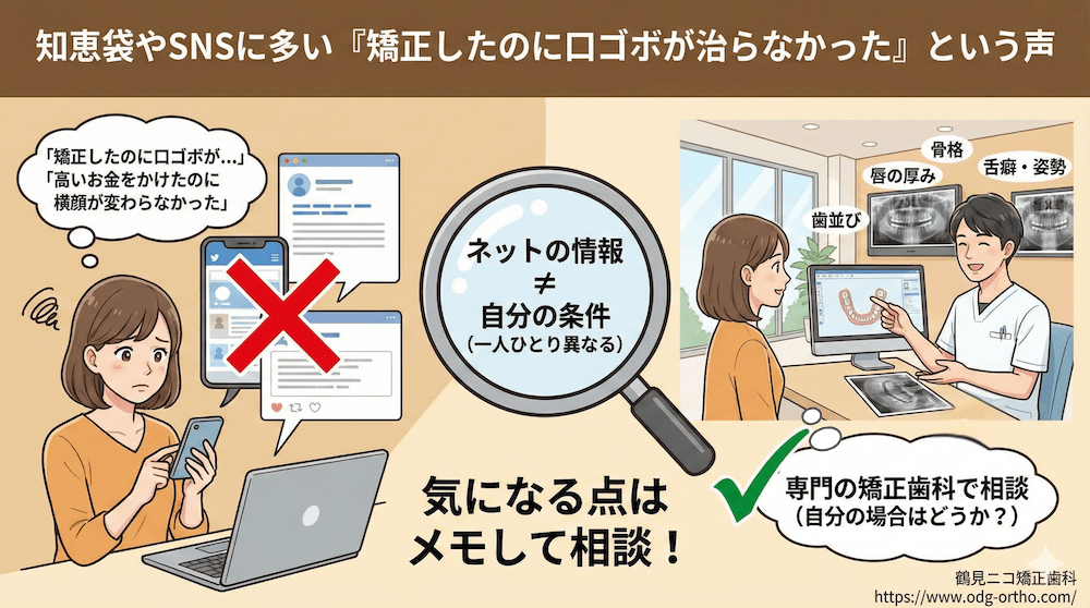 知恵袋やSNSに多い「矯正したのに口ゴボが治らなかった」という声