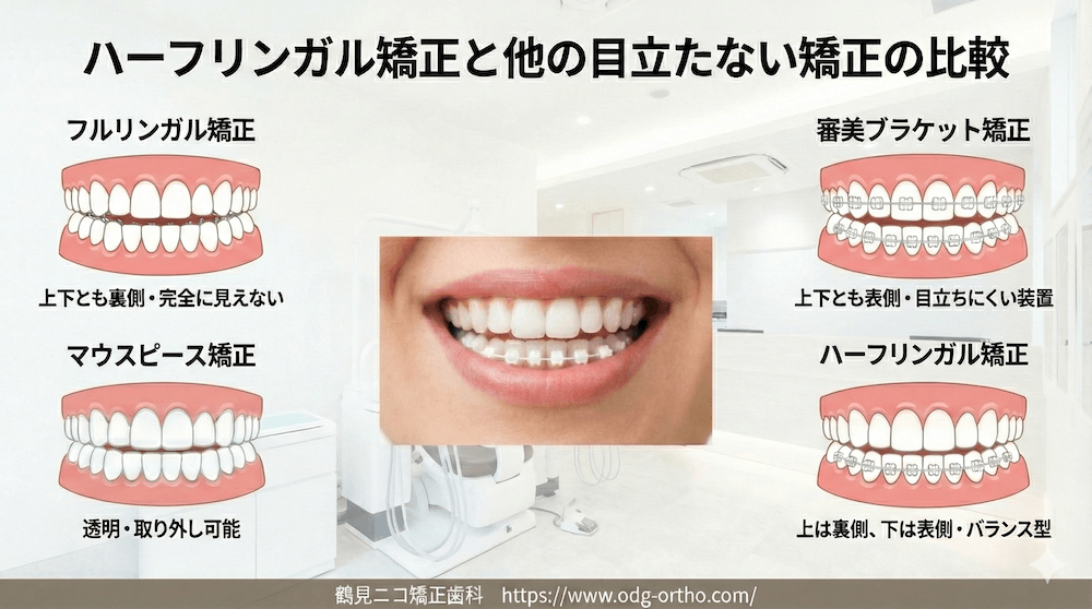 ハーフリンガル矯正と他の目立たない矯正の比較